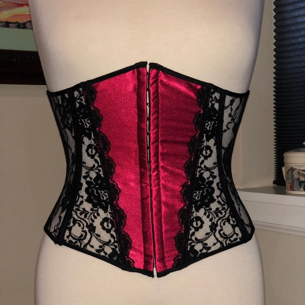 Vtg. 90's Shirley Red Satin & Black Lace Underbust Corset - Small - Picture 1 of 13